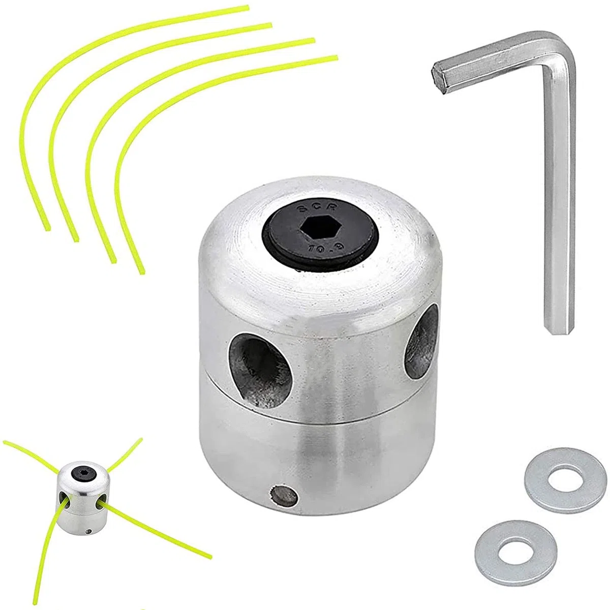 Cabezal de Aluminio para Desbrozadora Con 4 Líneas, Cuerda de Siega, Disco de Montaje y Llave Inglesa - Accesorio para Corte de Hierba y Paja