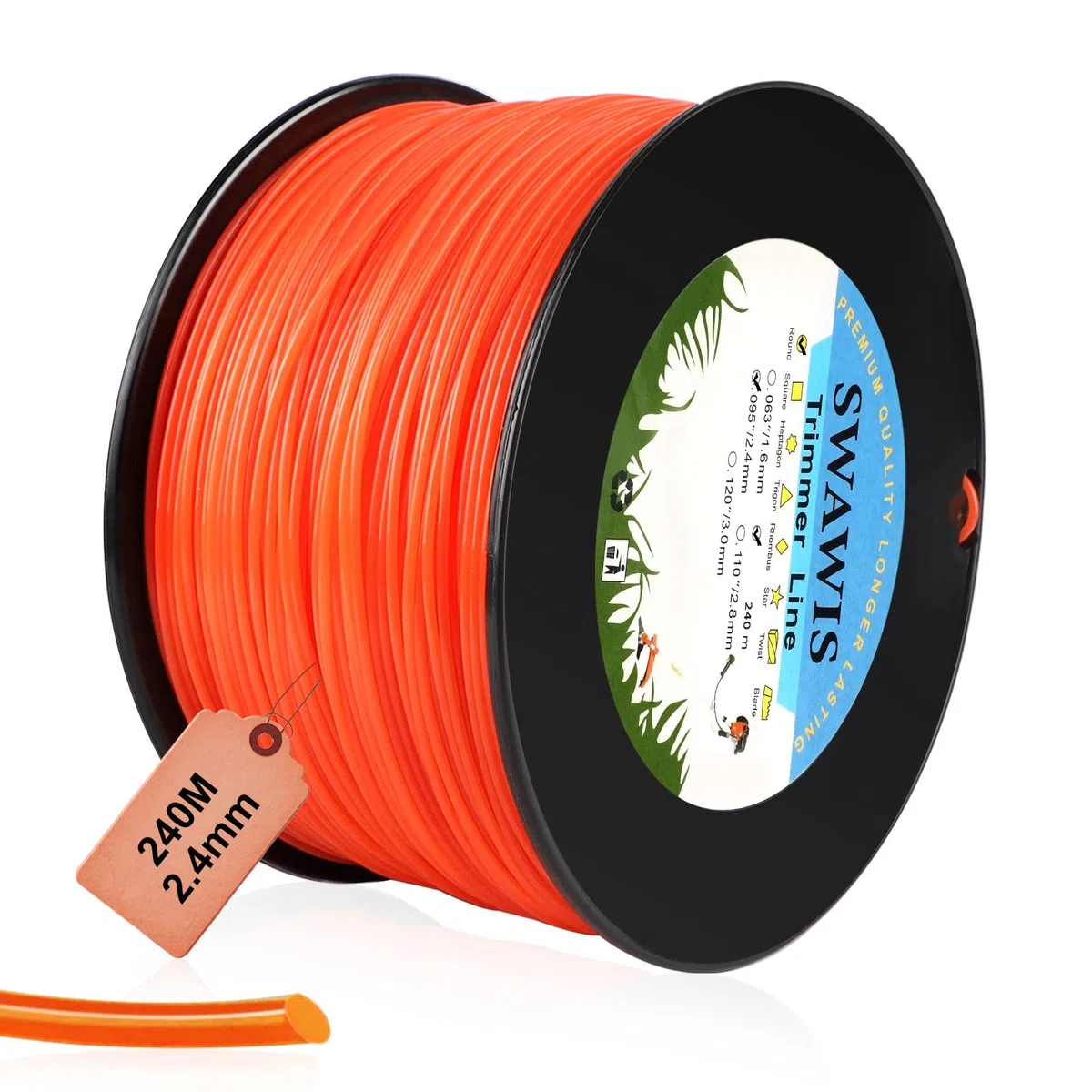 SWAWIS Hilo Desbrozadora 2,4mm x 240M Hilo de Corte Hilo de Nylon de Cortacésped Redonda para Jardin Hierba, Naranja