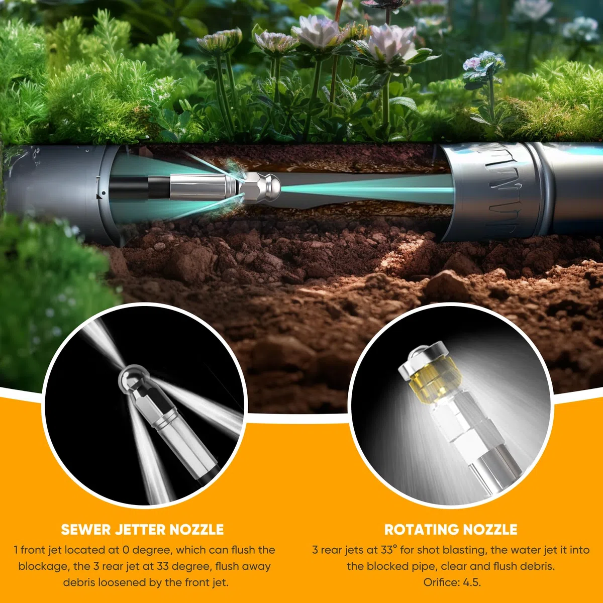 Desatascador de Tuberías a Presión 15m/30m – 400 bar / 5800 PSI, compatible con hidrolimpiadoras Karcher K2–K7, incluye adaptador y 2 boquillas, limpieza de tuberías y desagües