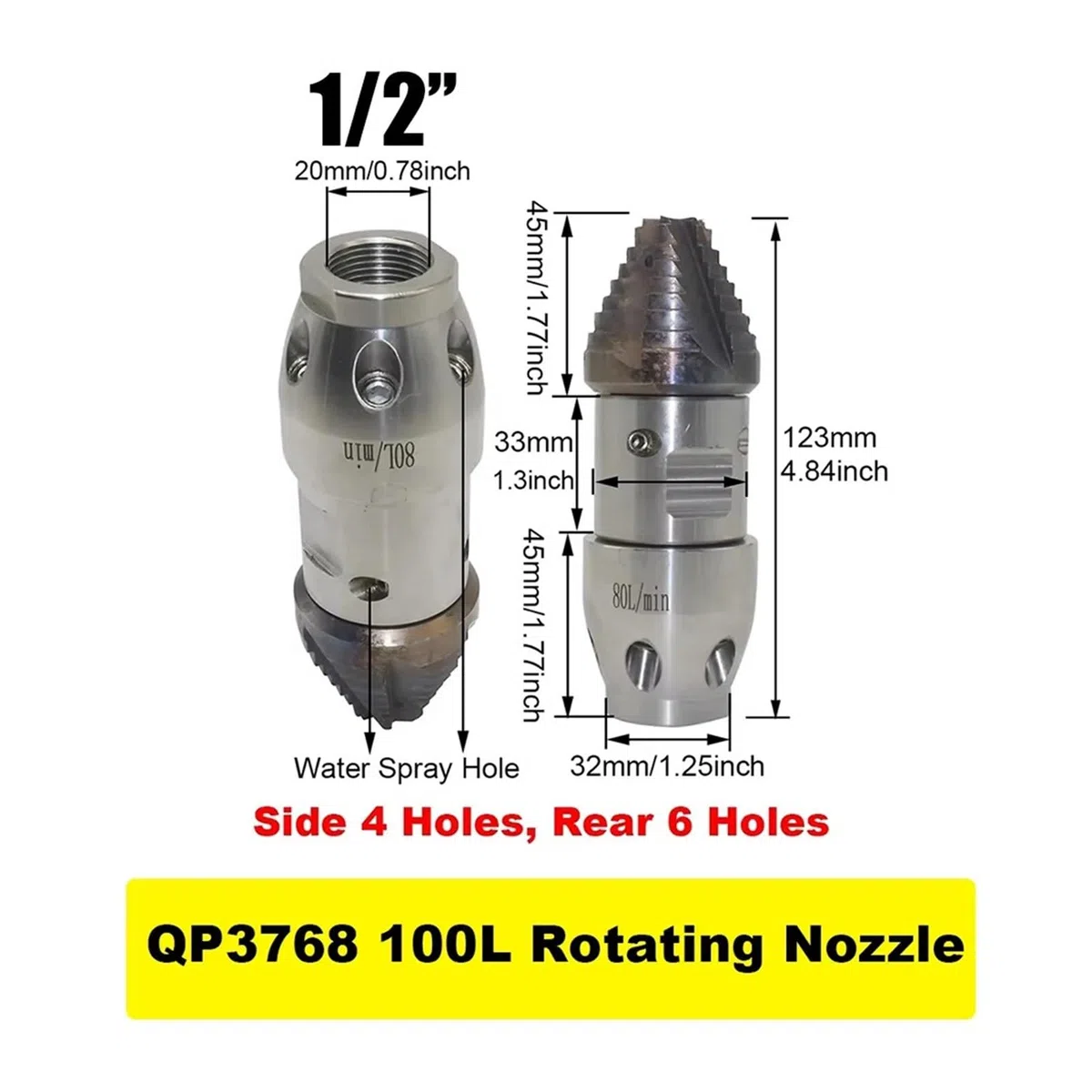 Boquilla rotativa de alta presión de 1/2'' for máquina de dragado de alcantarillado, limpieza de tuberías de 80-210L/min Boquillas