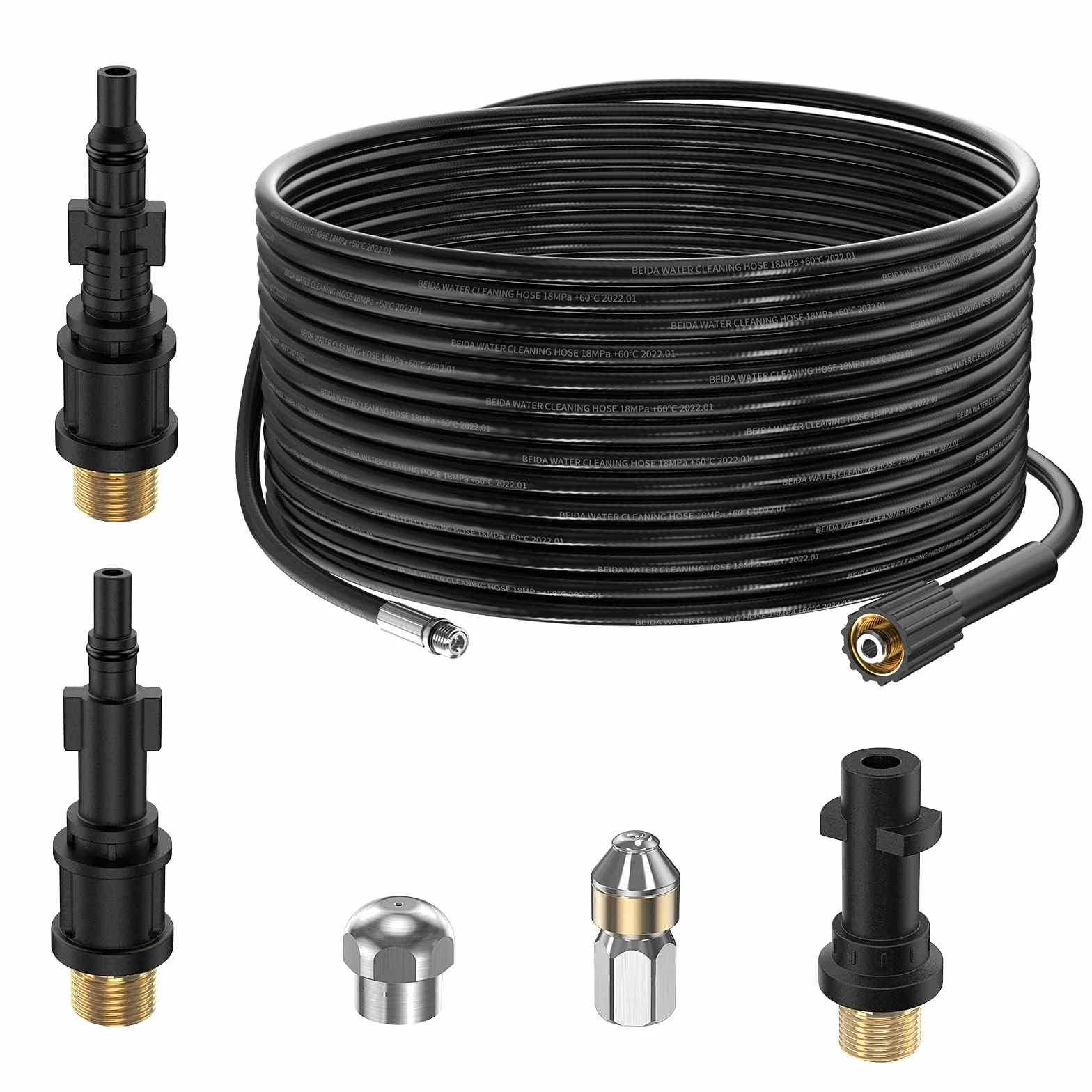 15M Tuyau Déboucheur Canalisation pour Nettoyeur Haute Pression Kärcher K2 K3 K4 K5 K6 K7 HD HDs, 180Bar Kit Furet Professional avec Buse à Jet et Rotatif & Adaptateurs pour Lavor Parkside & Bosch