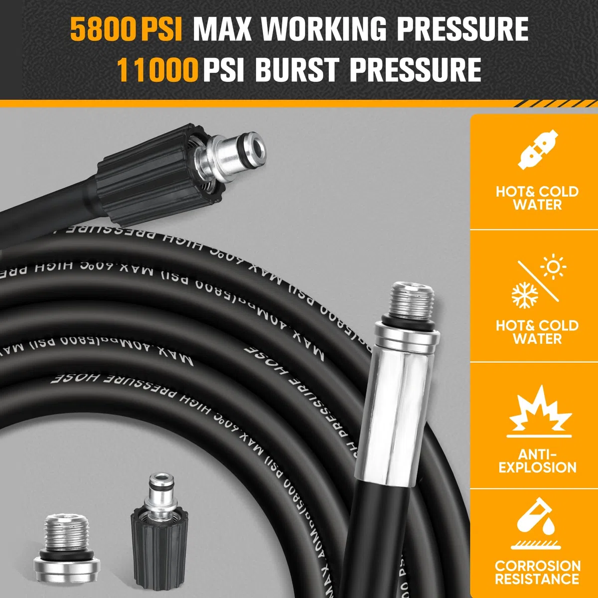 Desatascador de Tuberías a Presión 15m/30m – 400 bar / 5800 PSI, compatible con hidrolimpiadoras Karcher K2–K7, incluye adaptador y 2 boquillas, limpieza de tuberías y desagües