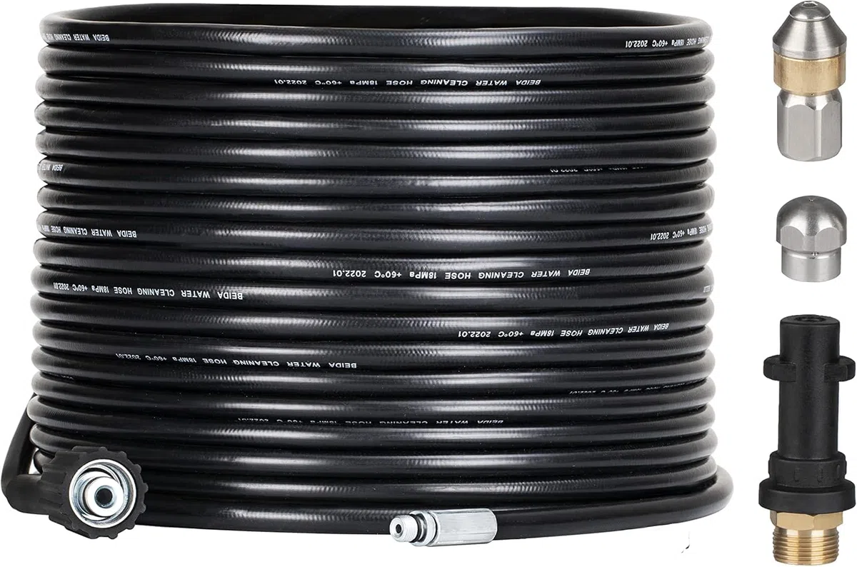 15M Kit de Manguera para Limpiar Tuberías Compatible con Limpiadores de alta Presión Kärcher K2 K3 K4 K5 K6 K7, 180Bar Manguera Desatascadora con Boquillas de Latón, Rígidas y Giratorias, Negra