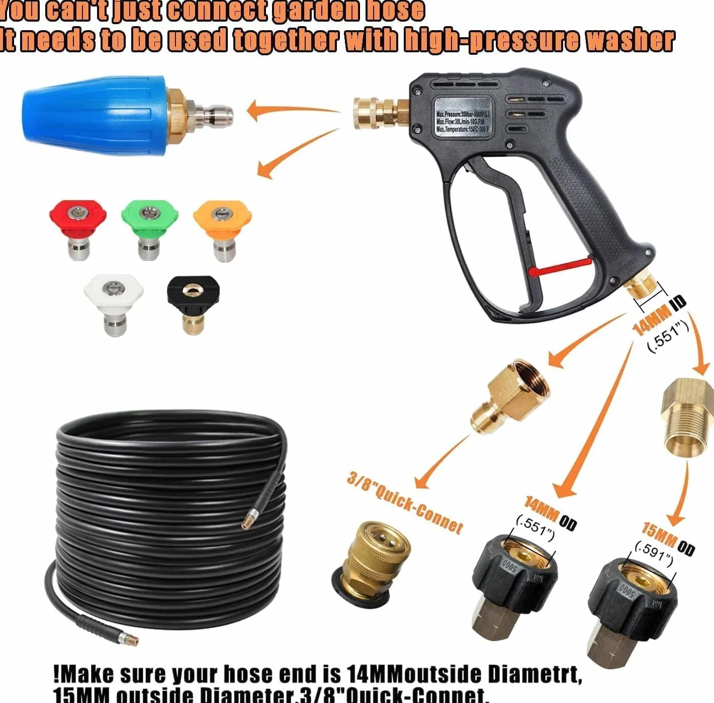 YUET Pistola de Lavado de Alta Presión de 4350 PSI con 5 Boquillas de Pulverización, Conexión Rápido y adaptador de 1/4 ",kits de Limpieza de Arandela de Chorro de M22-14 mm para Manguera Karcher