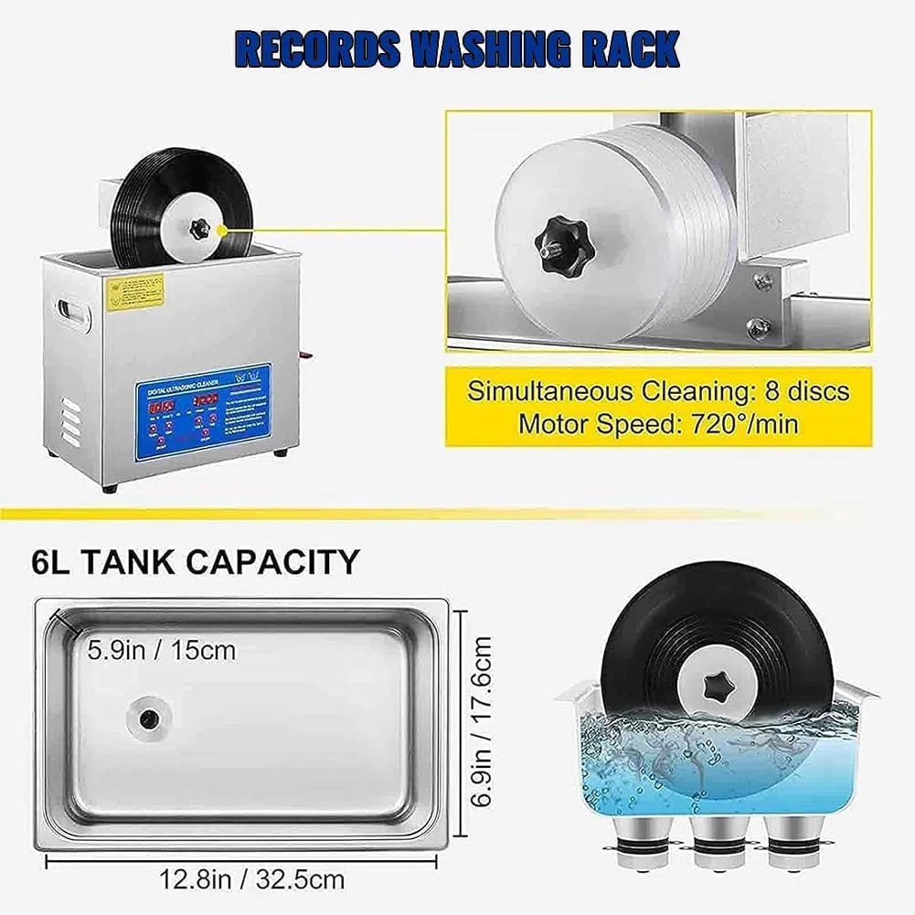 Limpiador ultrasónico de discos de vinilo de 6 litros, sistema de limpieza de discos de vinilo con calefacción de 180 W con rejilla de secado Limpieza de LP de doble cara con rotación automática