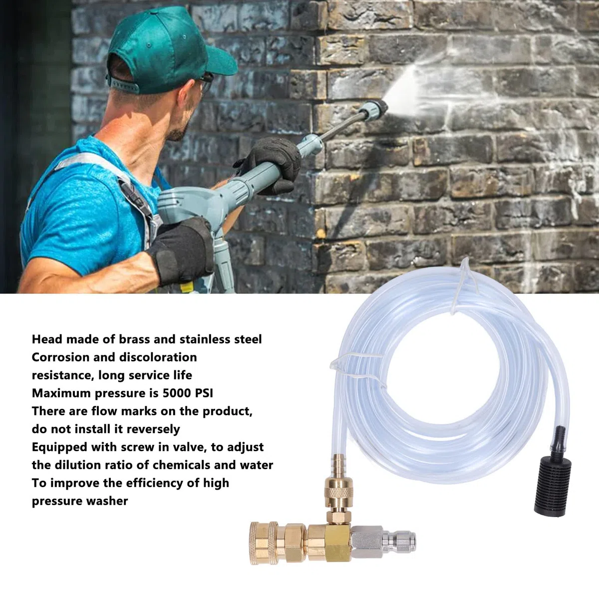 Socobeta Inyector químico, inyector de corriente descendente ajustable para hidrolimpiadora 5000 PSI, latón inoxidable, reemplazo ideal para accesorios de lavado a presión