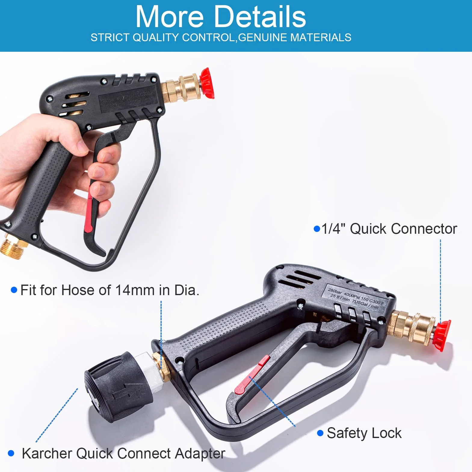 YUET Pistola de Lavado de Alta Presión de 4350 PSI con 5 Boquillas de Pulverización, Conexión Rápido y adaptador de 1/4 ",kits de Limpieza de Arandela de Chorro de M22-14 mm para Manguera Karcher