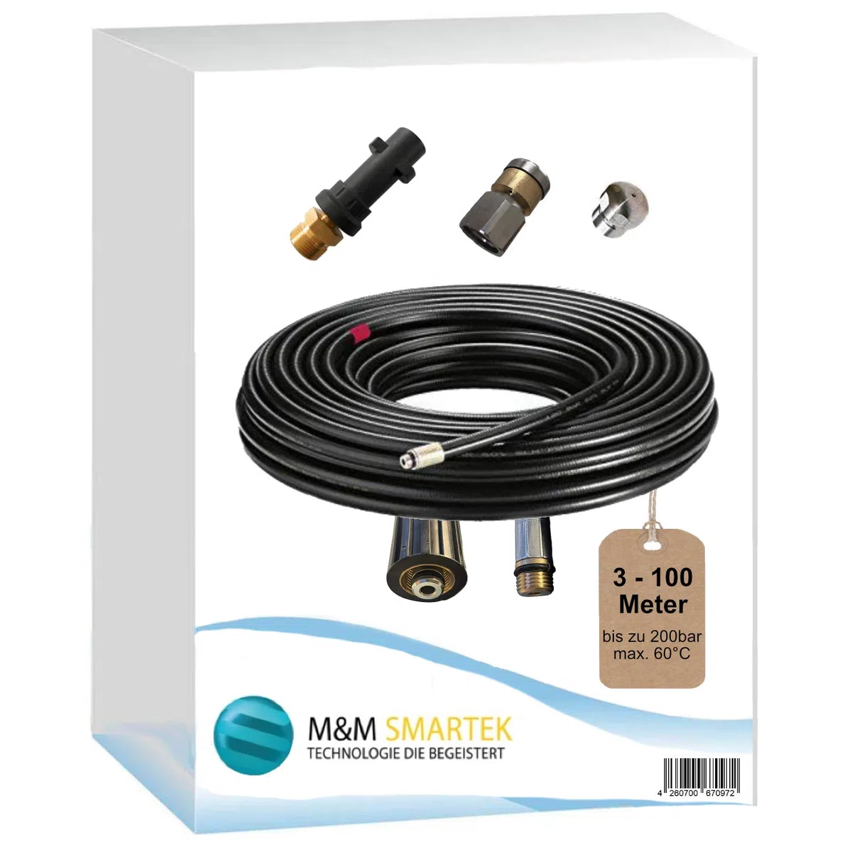 M&M Smartek manguera desatascadora 45 m boquilla rígida + giratoria | Kit desatascador con manguera, adaptadores y boquillas según variante; comprobar conexiones, presión, contenido y equipo.