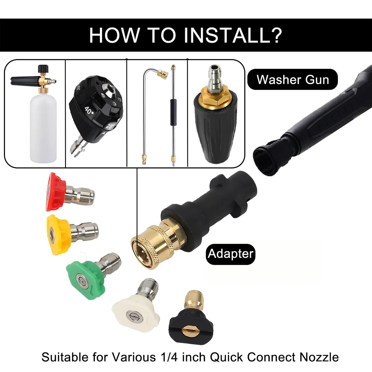 Adaptador de Pistola de Lavado Alta Presión Compatible con Karcher K2-K7 - Kit con 5 Boquillas de Ángulo, Conector Rápido 1/4" para Limpieza de Coches, Terrazas y Fachadas
