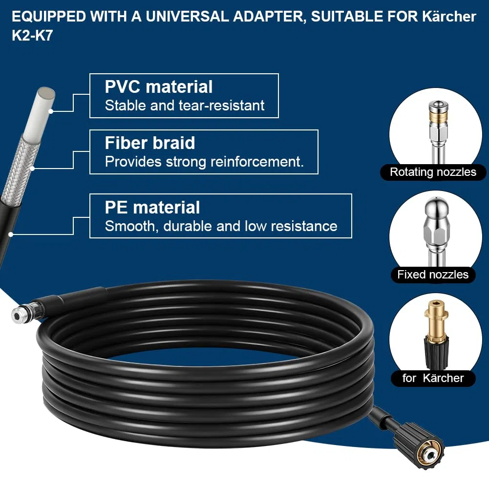 Manguera Limpieza Tuberías 10M 180 Bar,con Boquilla Fija y Boquilla Giratoria,Kit Limpiezas de Tubería,Compatible con Manguera de Limpieza de Tubería de Las Serie Kärcher K2,K3,K4,K5,K6 K7