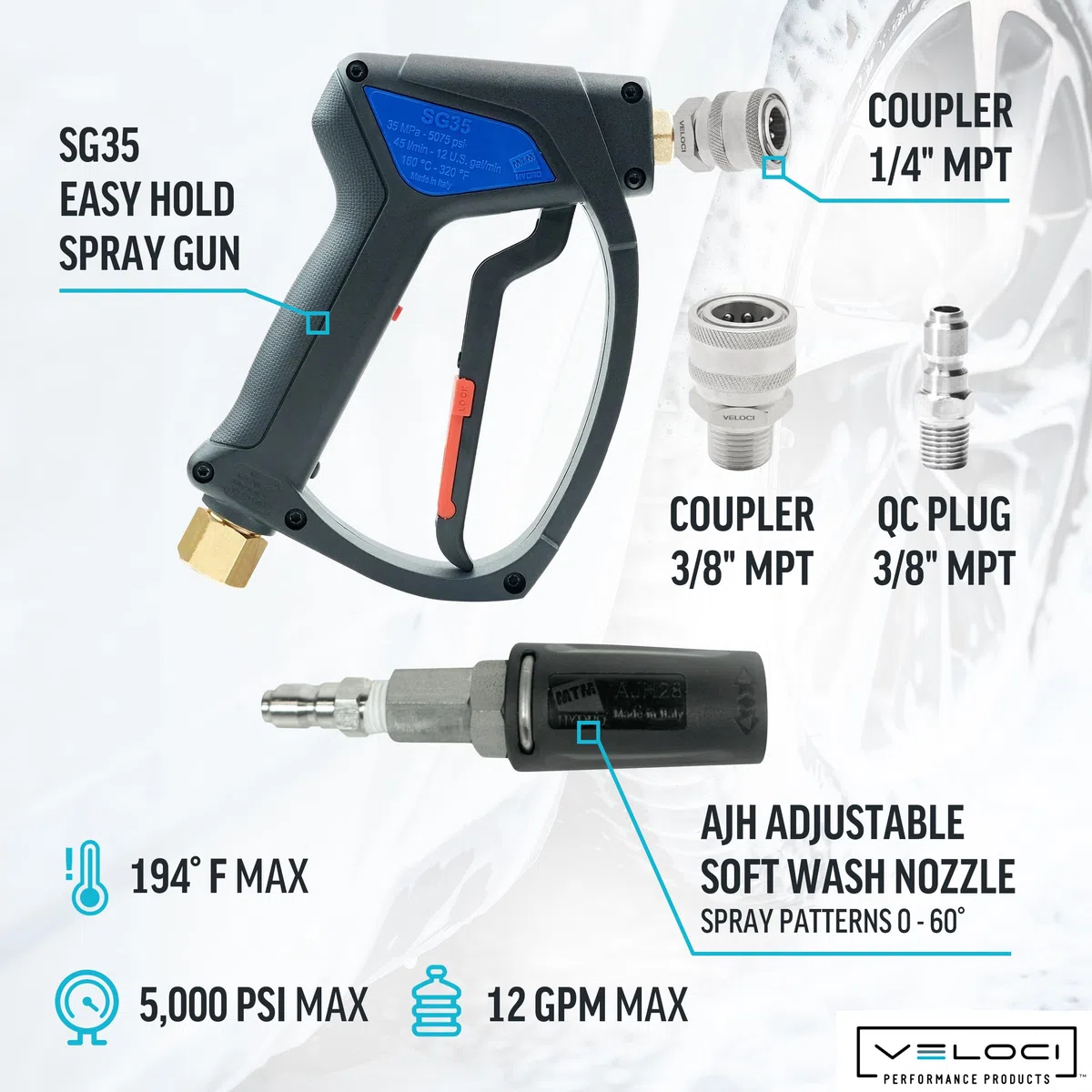 MTM Hydro AJH Soft Wash - Boquilla de ventilador ajustable de acero inoxidable y pistola de pulverización SG35 para lavadora a presión, compatible con unidades descendentes, 7-12 GPM