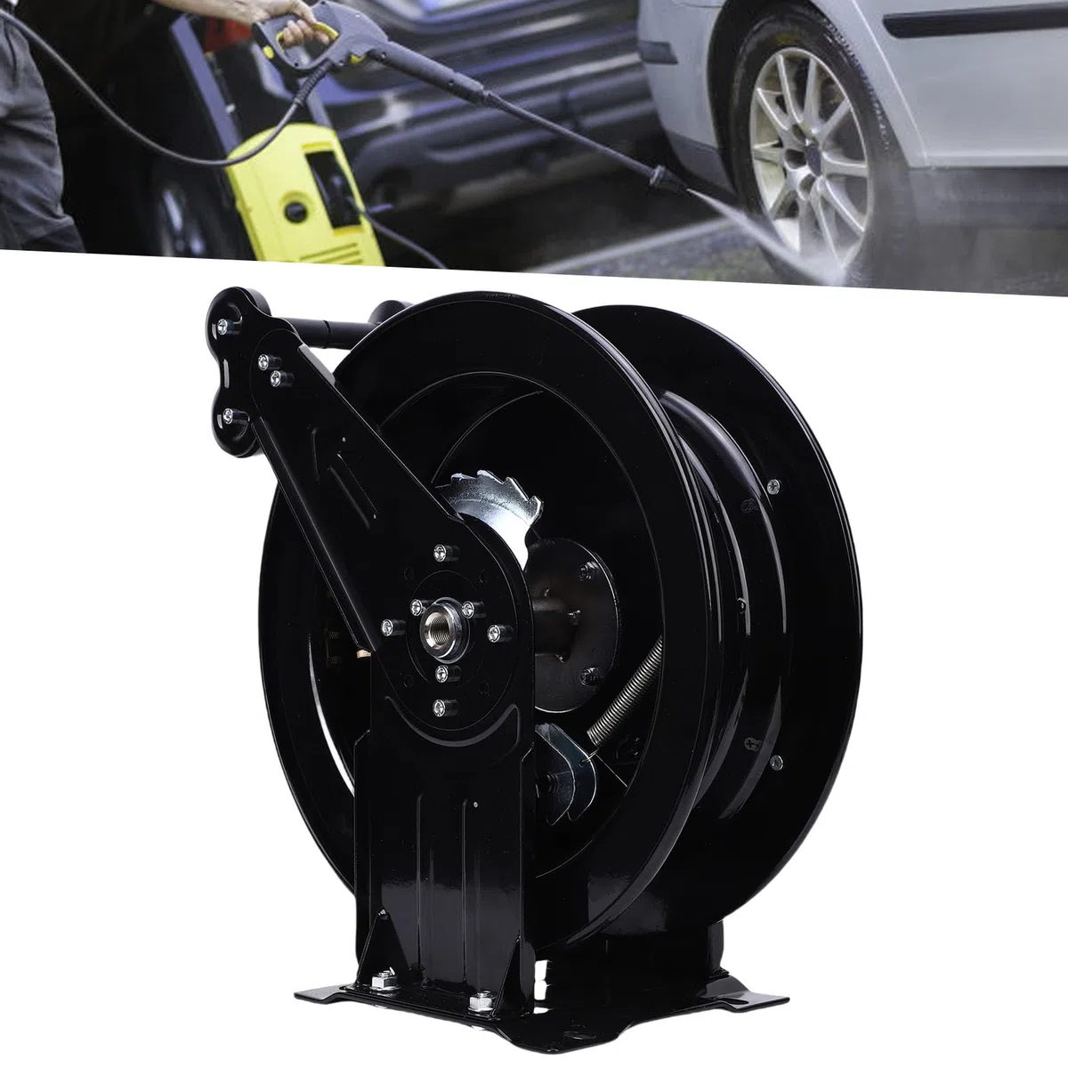 Rodillo de manguera de lavado de alta presión Rebobinado automático pesado 4000PSI para uso al aire libre Acero al carbono Regla de lavado de energía de 32,81 pies para limpiadores