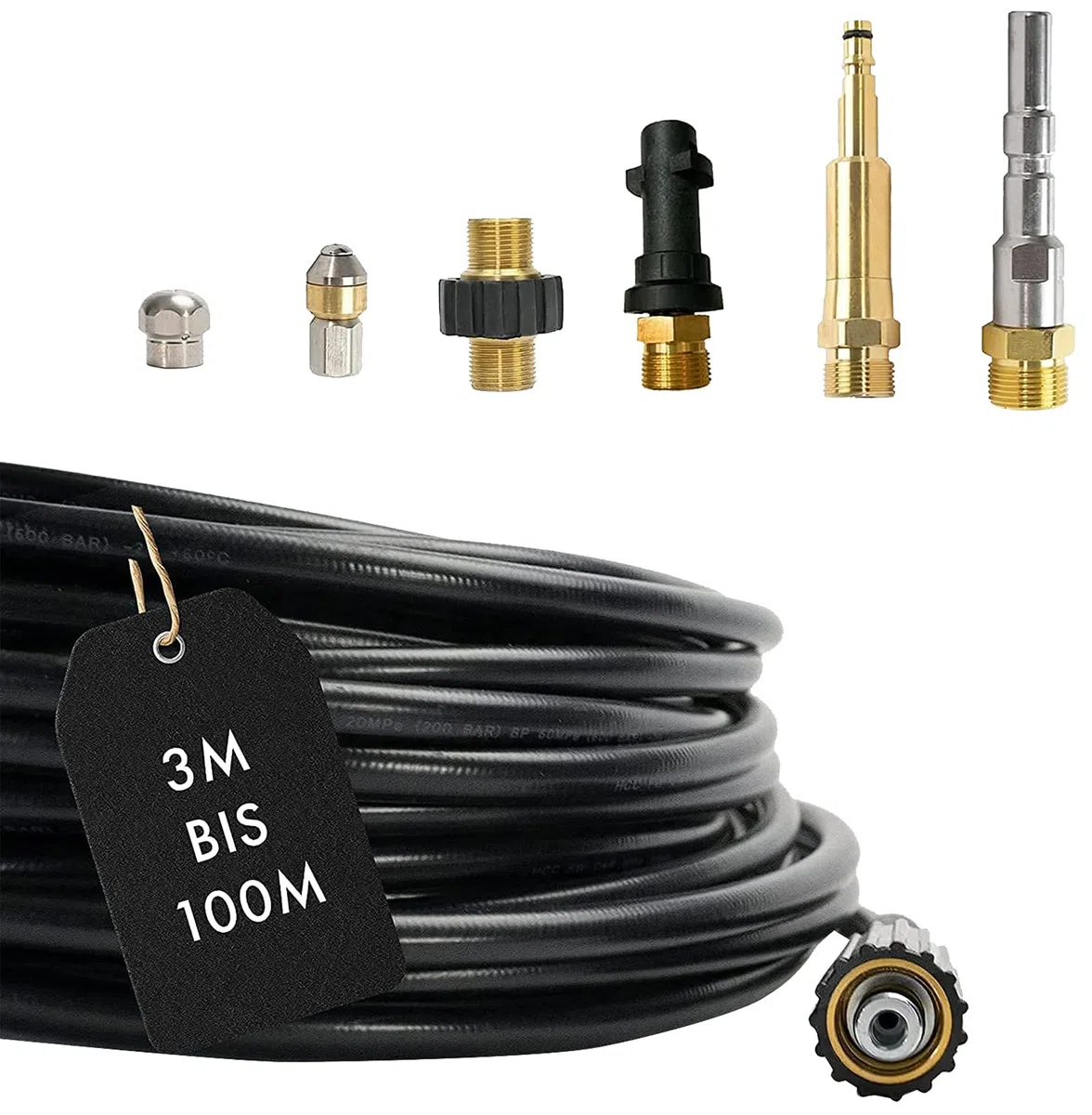 M&M Smartek manguera desatascadora 40 m, kit 7 piezas, para KEW/Nilfisk | Kit desatascador con manguera, adaptadores y boquillas según variante; comprobar conexiones, presión, contenido y equipo.