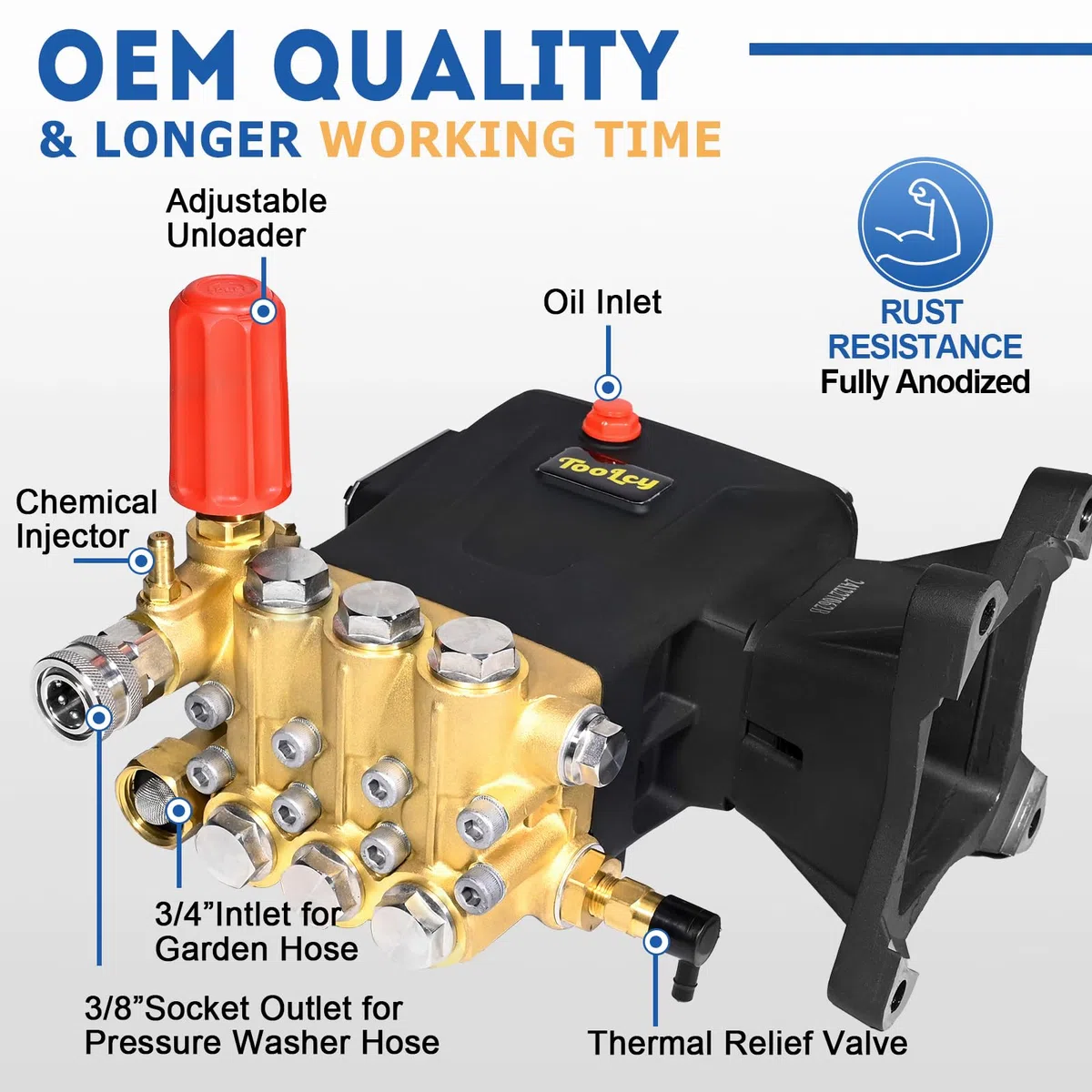 TOOLCY Bomba de lavado a presión 3600-4200 PSI máx. 4.4 GPM, 1 pulgada de eje horizontal triple émbolo de repuesto de bomba de lavado eléctrico, accionamiento directo, con descargador, 5 puntas de