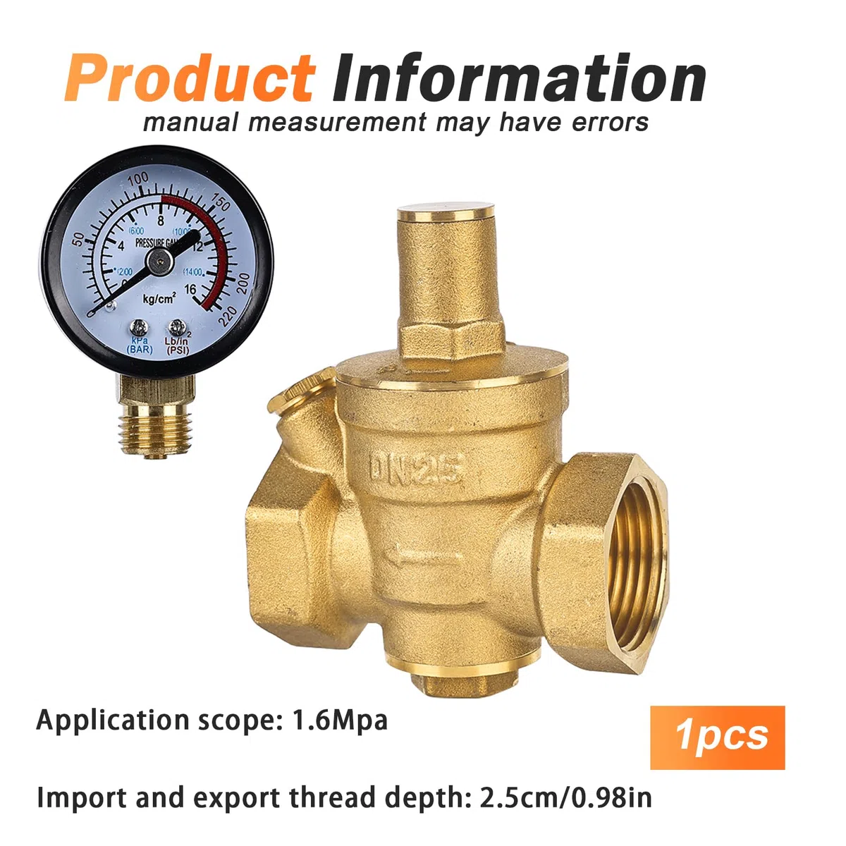 Regulador de presión de agua de 1 pulgada DN25 con manómetro: Sporgo latón reductor de presión ajustable regulador de presión de agua válvula válvula regulador de presión