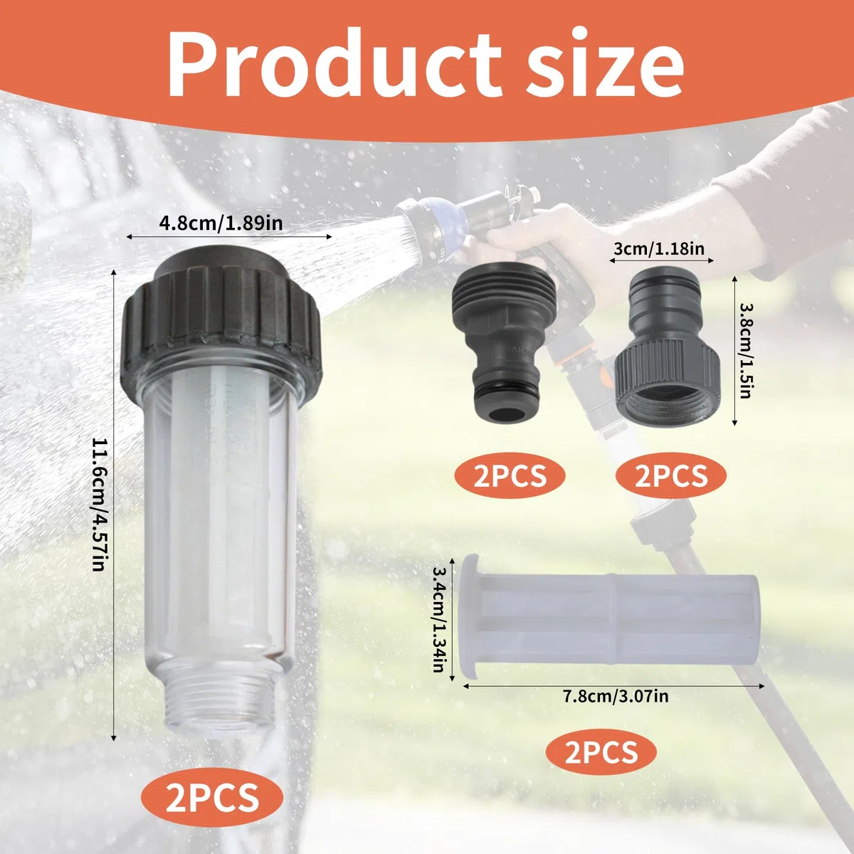 Conjunto de Filtros de Agua para Hidrolimpiadora, Filtro 3/4" para Manguera de Jardín, Kit con 2 Filtros, 4 Cartuchos de Repuesto y Conectores, Compatible con Kärcher K2–K7