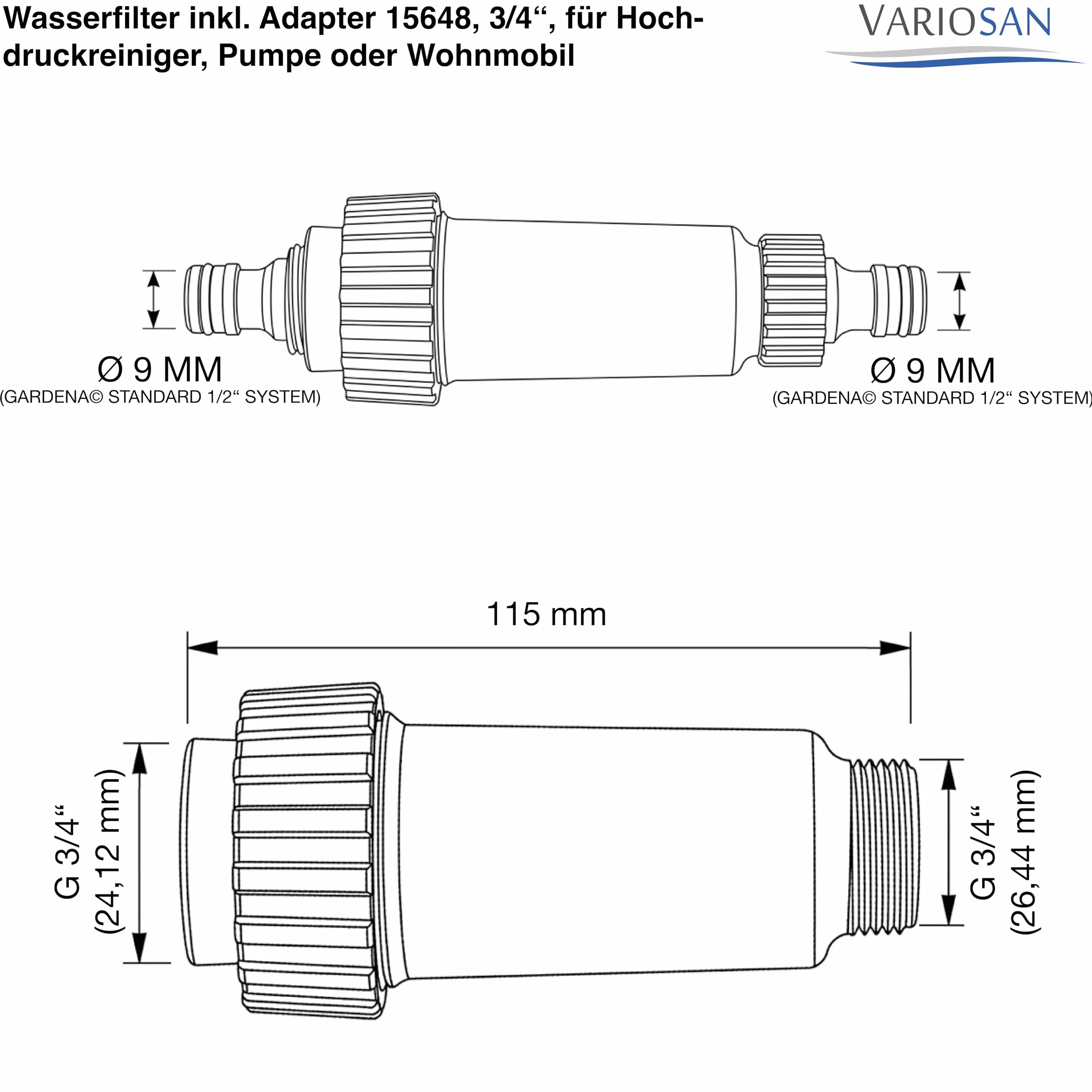 VARIOSAN Filtro de agua con adaptador 15648 de 3/4 pulgadas para hidrolimpiadora, bomba o caravana, compatible con Kärcher 4.730-059.0