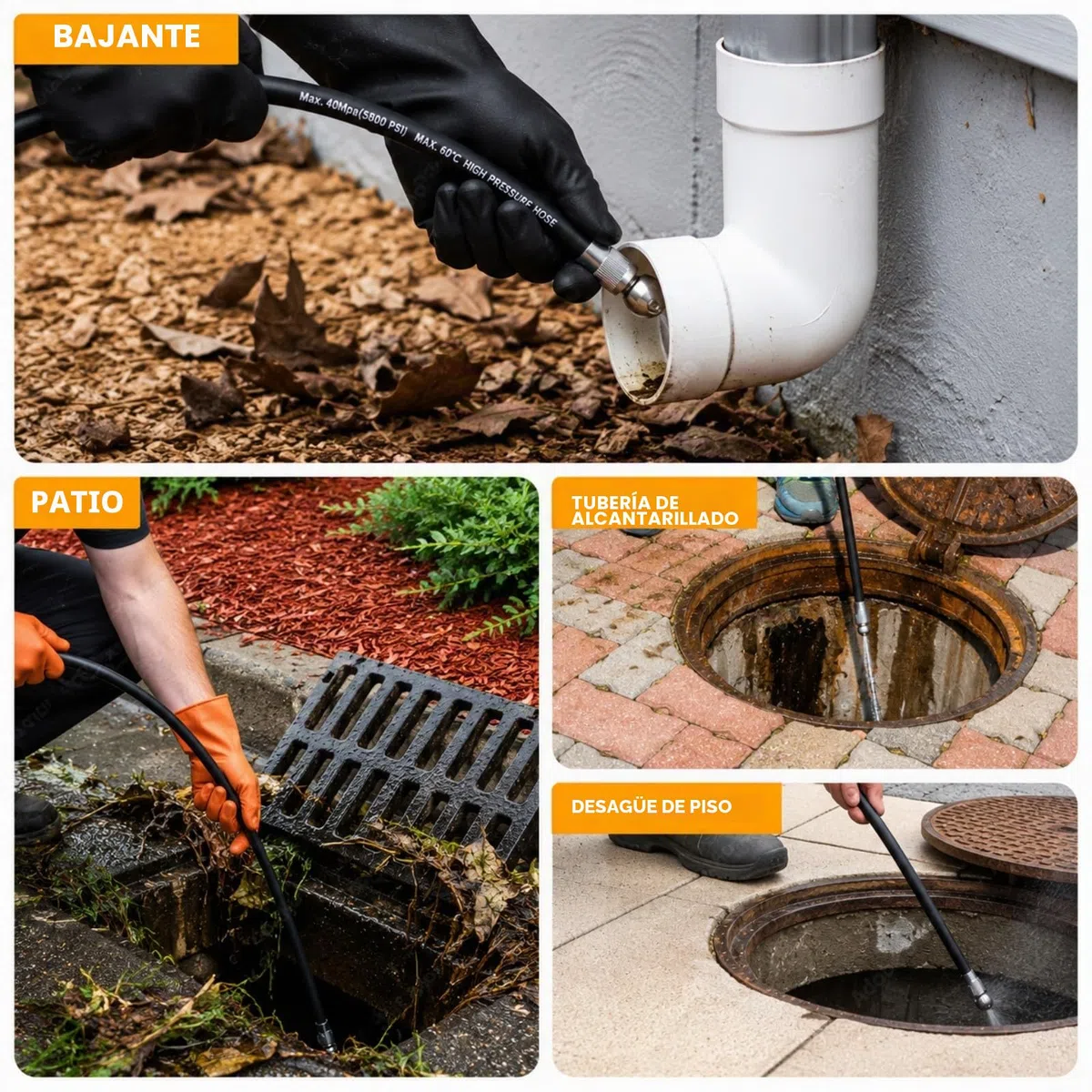 Desatascador de Tuberías a Presión 15m/30m – 400 bar / 5800 PSI, compatible con hidrolimpiadoras Karcher K2–K7, incluye adaptador y 2 boquillas, limpieza de tuberías y desagües