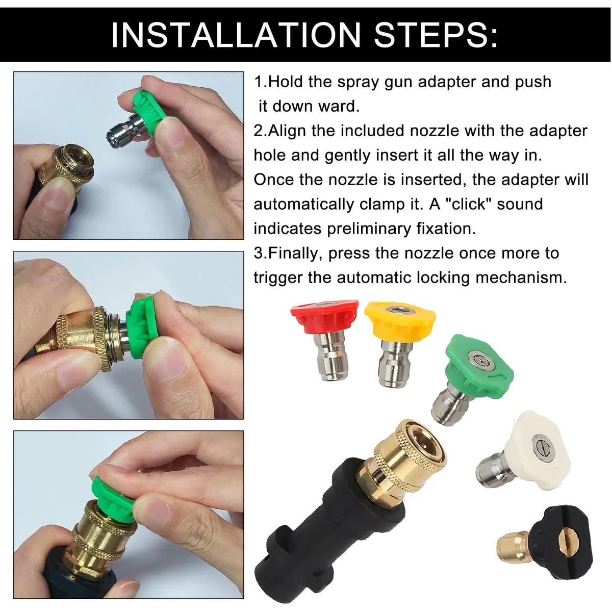 Adaptador de Pistola de Lavado Alta Presión Compatible con Karcher K2-K7 - Kit con 5 Boquillas de Ángulo, Conector Rápido 1/4" para Limpieza de Coches, Terrazas y Fachadas