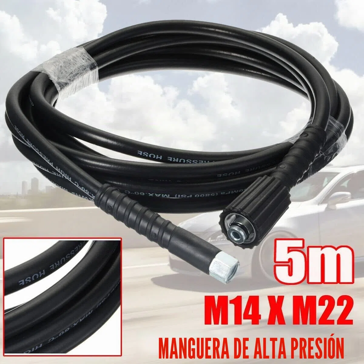 YUET Manguera de repuesto para lavadora de alta presión de 5 m para lavado de coches, limpieza de jardín, M14 x M22 (14 mm), conector de rosca, tubo de chorro y drenaje de 16 pies