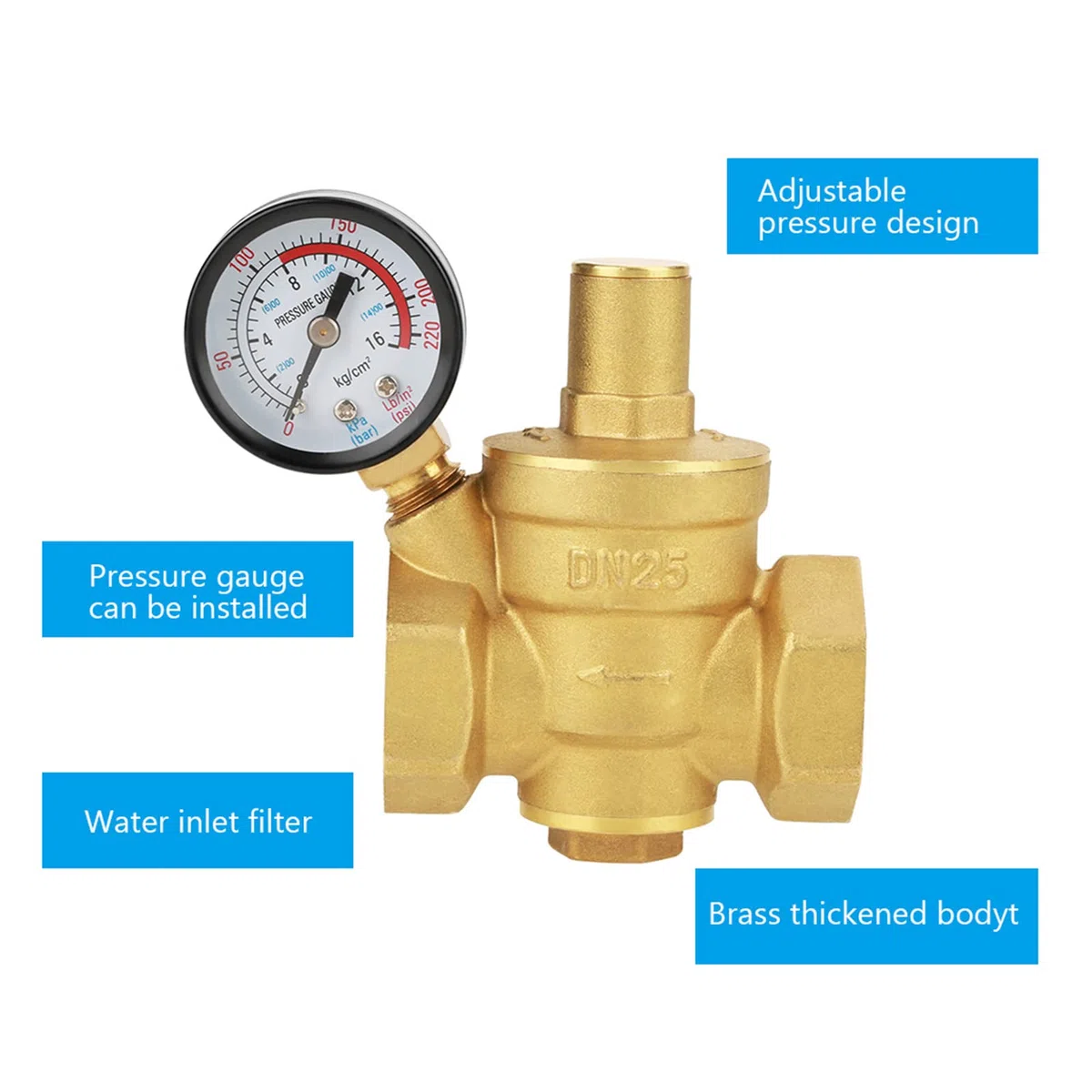 Regulador de Presión de Agua, dn25 Regulador de Presión Ajustable de Latón Reductor de Presión + Gálibo, Válvula de Presión de Agua, 0,05-0,8 MPA