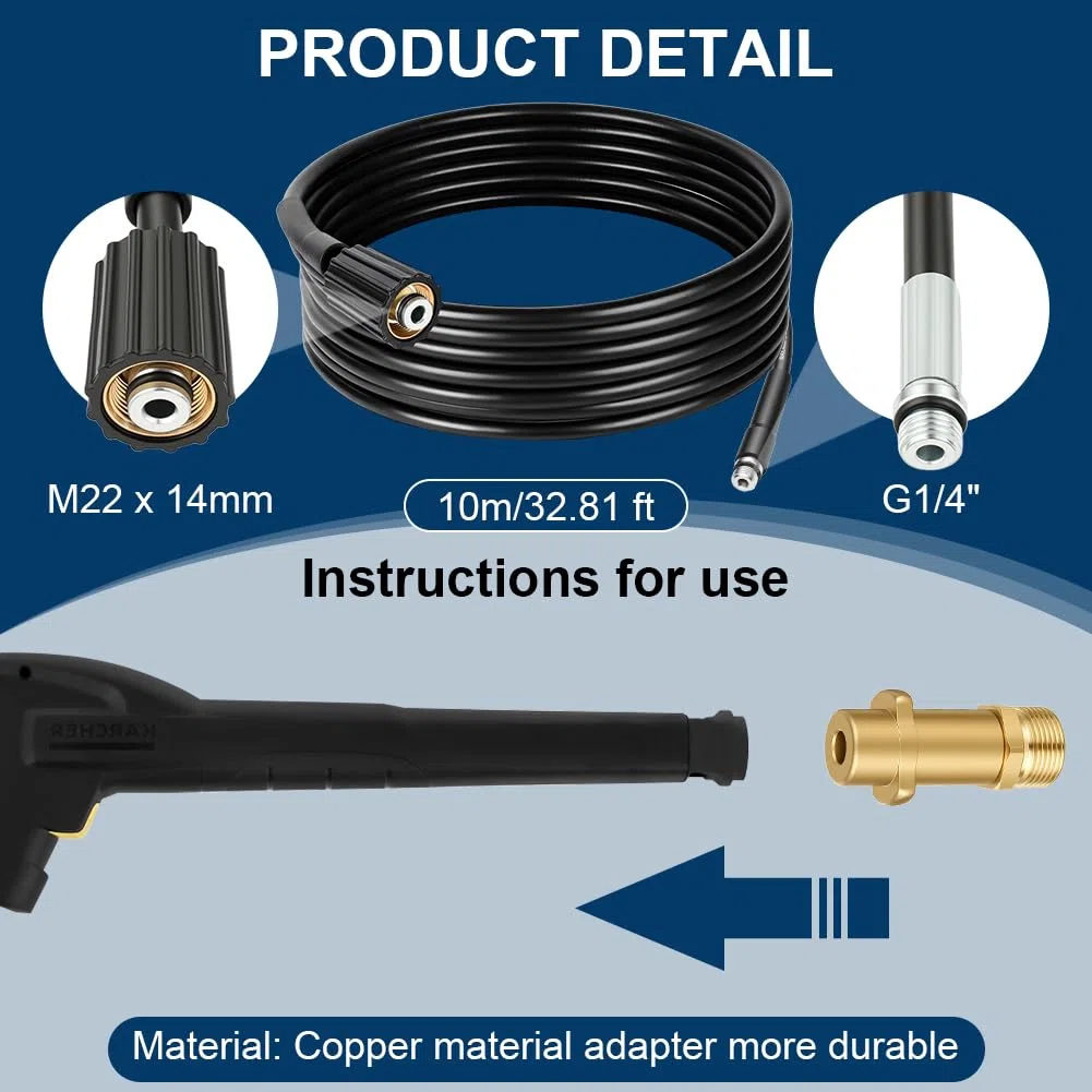 Manguera Limpieza Tuberías 10M 180 Bar,con Boquilla Fija y Boquilla Giratoria,Kit Limpiezas de Tubería,Compatible con Manguera de Limpieza de Tubería de Las Serie Kärcher K2,K3,K4,K5,K6 K7