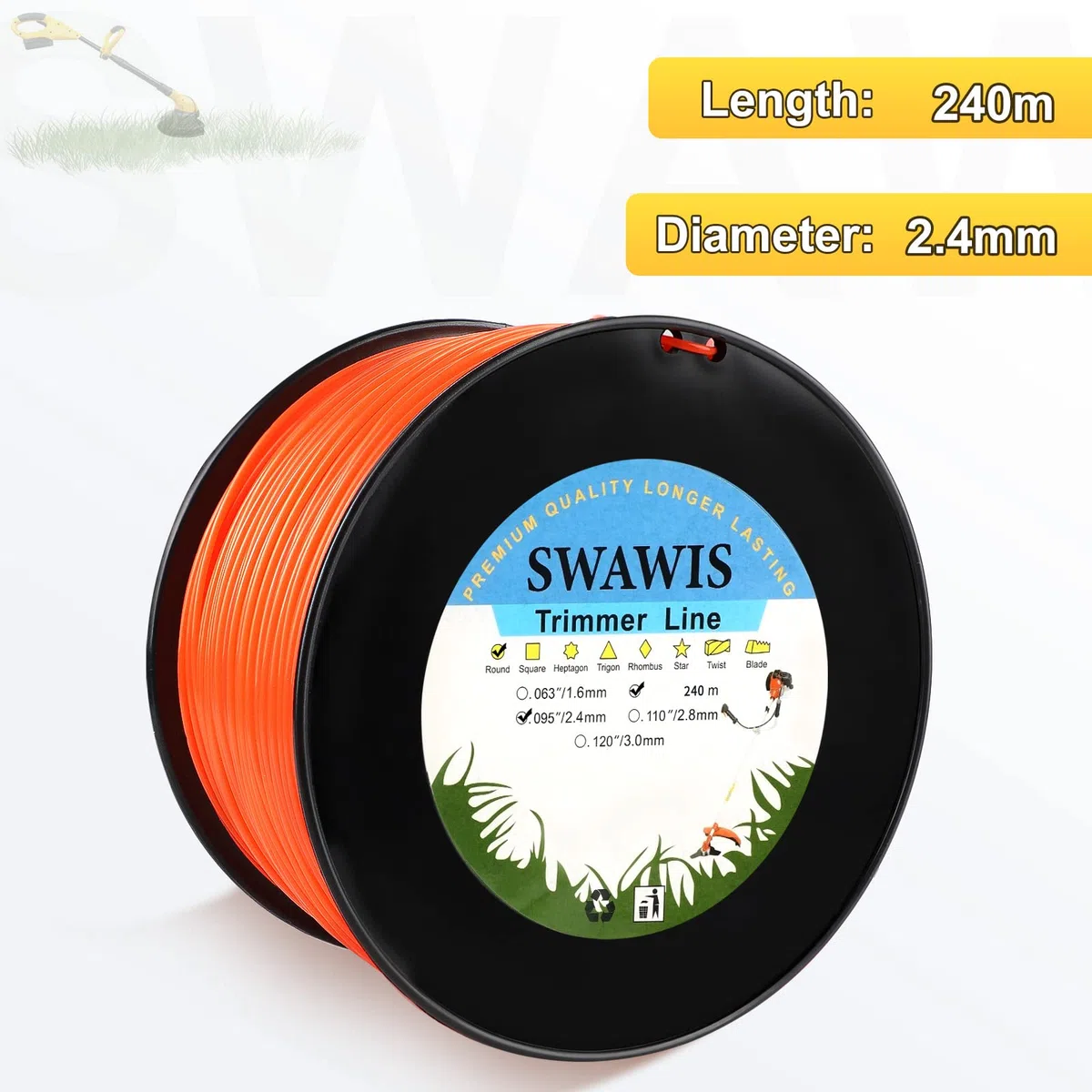 SWAWIS Hilo Desbrozadora 2,4mm x 240M Hilo de Corte Hilo de Nylon de Cortacésped Redonda para Jardin Hierba, Naranja