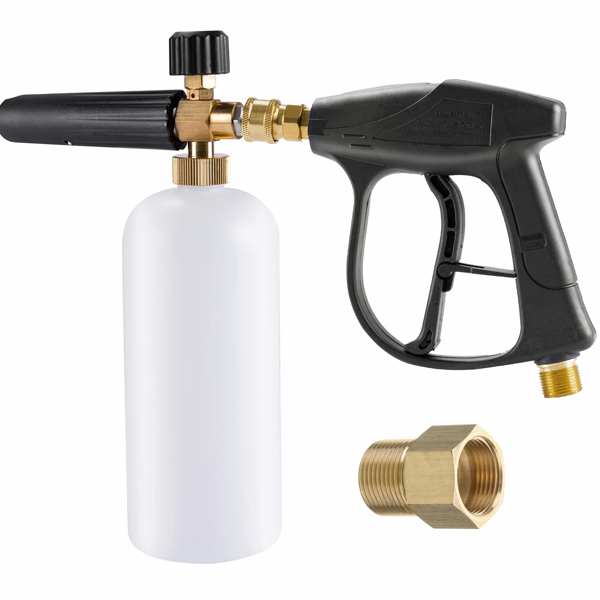 Lanza de Espuma de Nieve Pistola de Espuma, Ajustable 1/4 pulgada Rápida Liberación Dispensador de Jabón 1L Botella con M22 14mm a 15mm Adaptador para Lavado a Presión (con pistola de espuma)