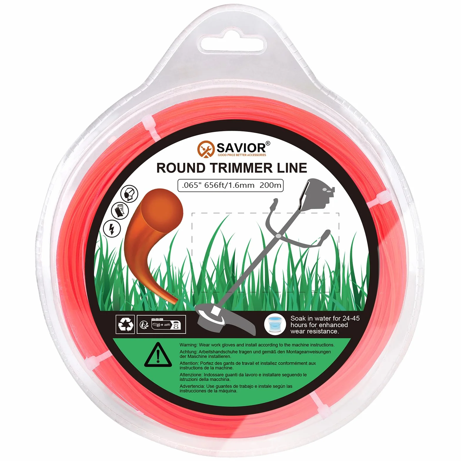SAVIOR Hilo de cortacésped, 1,6 mm x 200 m, Hilo de recortador, Hilo de Nailon, Hilo para desbrozadora, Hilo para desbrozadora de césped (1,6 mm x 200 m, Redondo, Naranja